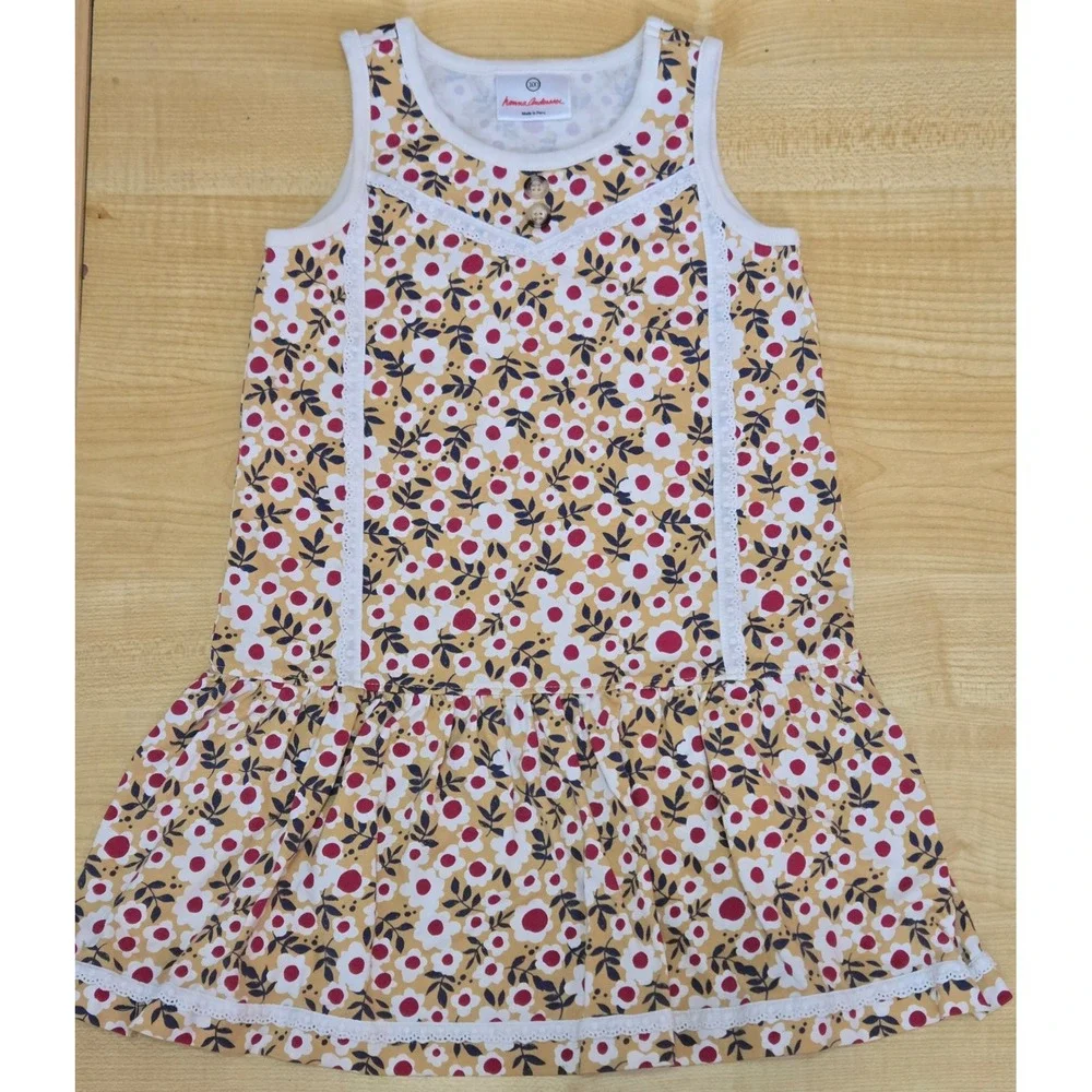 Hanna Andersson Girls Yellow Floral Lace Trim Drop Waist Cotton Dress Size 100‎